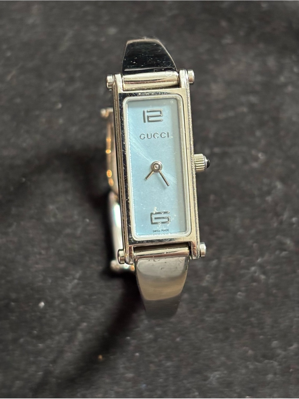 Gucci Silver Bangle Watch with Blue Mother-of-Pearl Style Dial